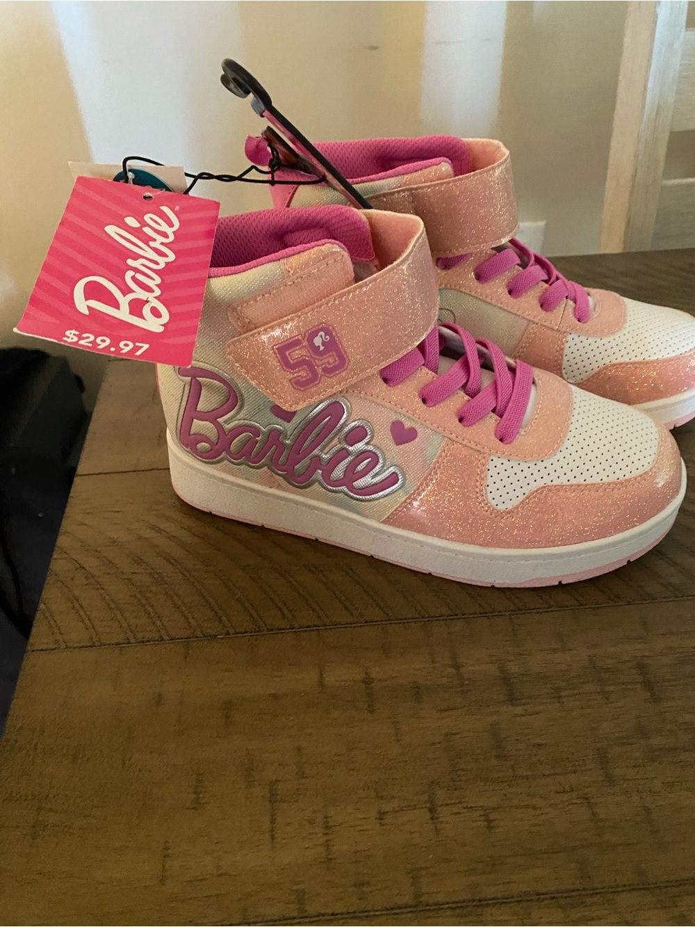 Barbie Pink Glitter High-Top Sneakers with White Accents size 2 girls